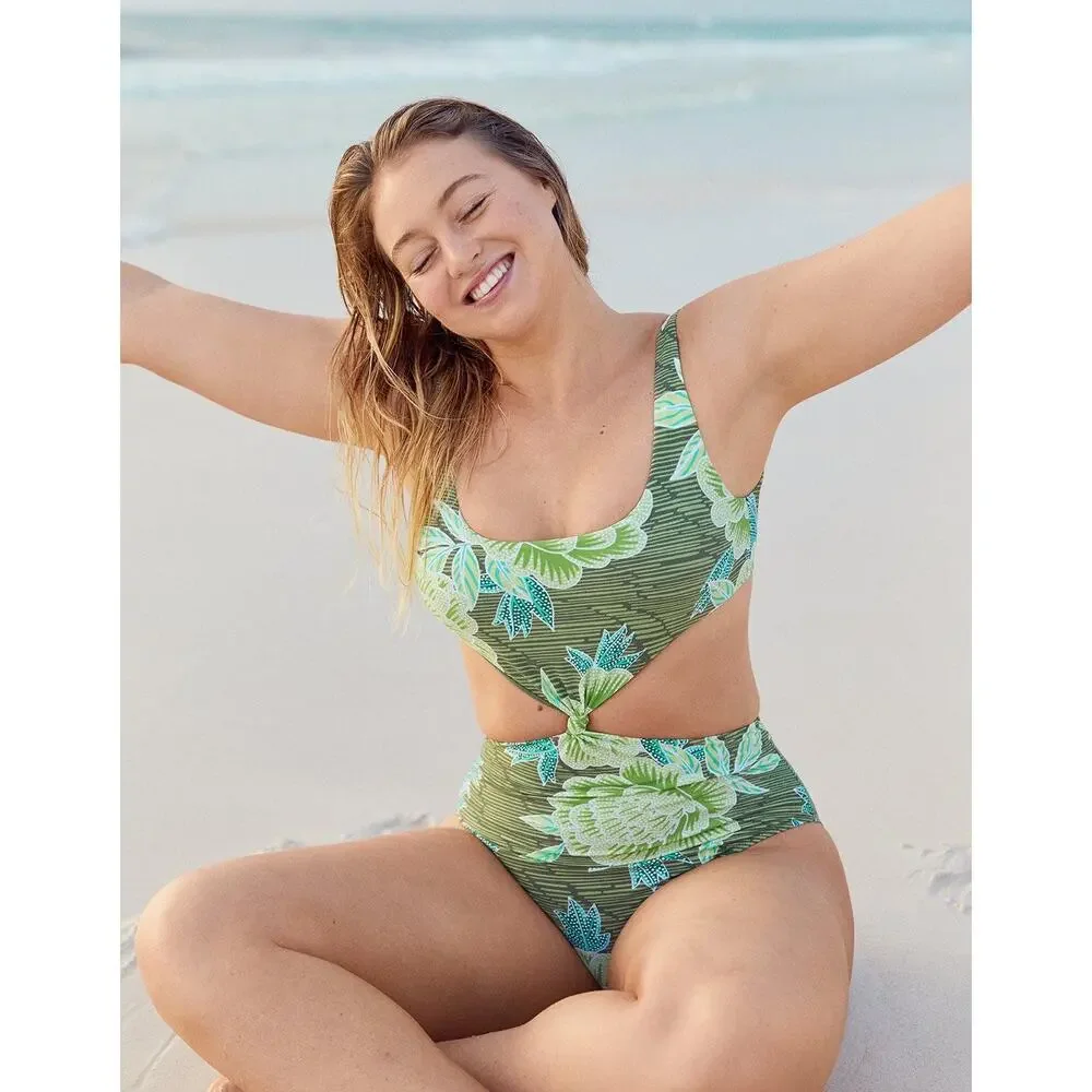 Aerie Green Floral Knot Front One Piece Swimsuit Size S Small